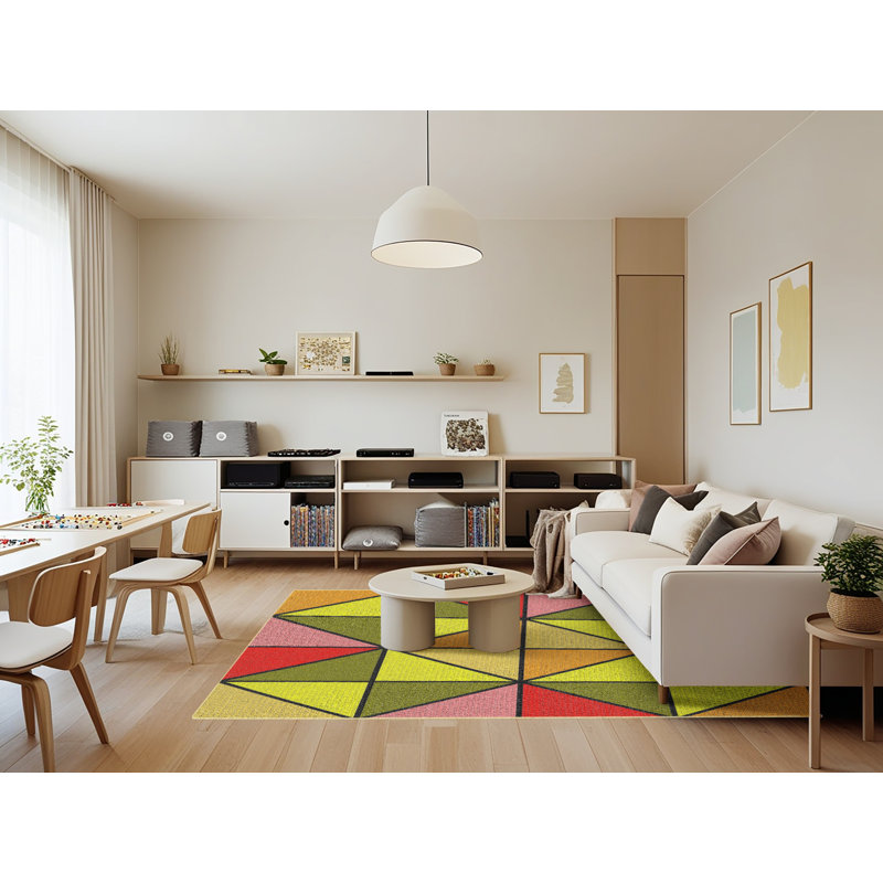 Tapis vert/jaune/rouge à motifs, Rectangle 7 pi x 9 pi
