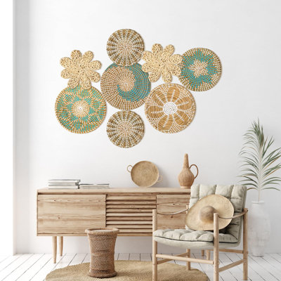 Ensemble de 8 paniers muraux tissés suspendus à la main rustique Boho panier décoration en osier rond fait à la main art mural pour la maison cuisine ferme table salon
