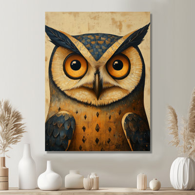 Watchful Folk Art Owl - Gold Birds Large Metal Wall Art Print