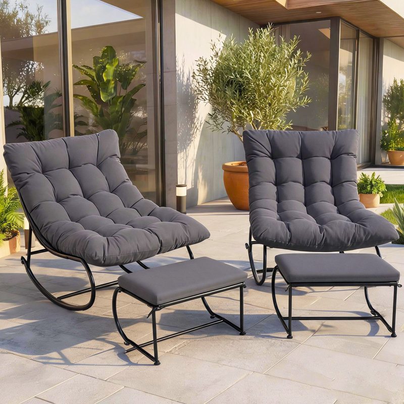Ergonomic Removable Upholstered Rocking Chair With Upholstered Footstool, Outdoor Lounge Rocking Chair For Patio, Garden Set Of 2