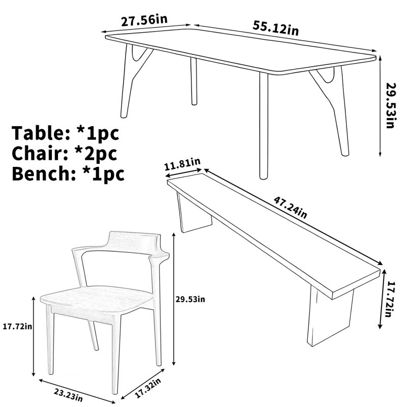 Table de salle à manger en bois de frêne, H 29,53 po x L 55,12 po x l 27,56 po