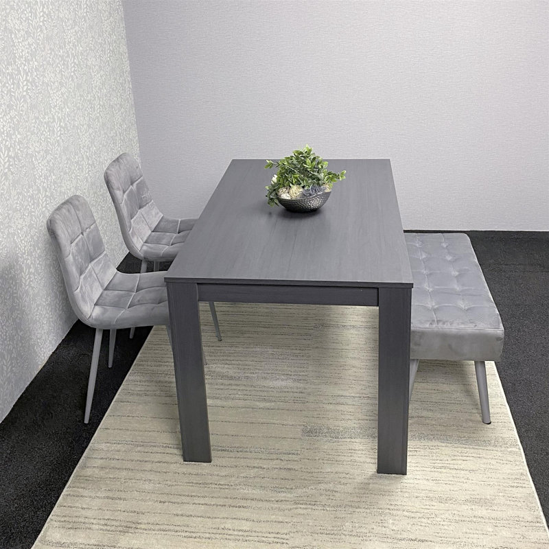 Dining Table and 2 Chairs And Bench Oak Effect Wood Table 1 Grey Velvet Chairs Dining Room, Charcoal, 75" H x 117" L x 77" W