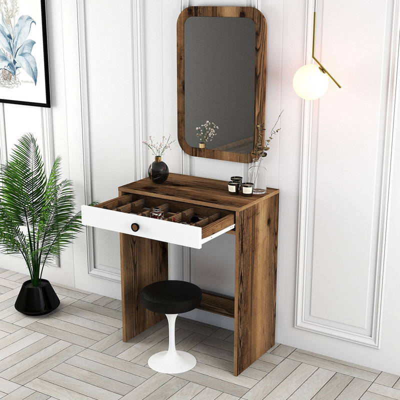 Modern Make-Up Table with Mirror, Walnut & White | 27.6 x 15.7 x 33.1 inches | 100% Melamine Coated Particle Board, Thickness: 0.7 inches | Stylish & Functional Design for Beauty Routine & Vanity Spaces