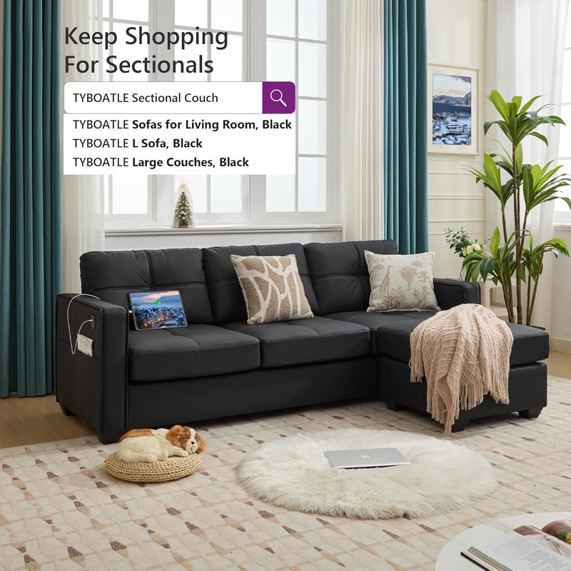 88” Square Arm Sofa With Ottoman, Black