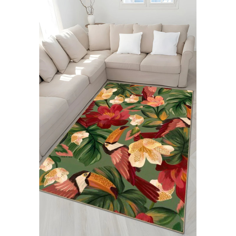 Green Themed Leaf And Flower Patterned Modern Decorative Carpet, Rectangle 3'4" x 6'7"