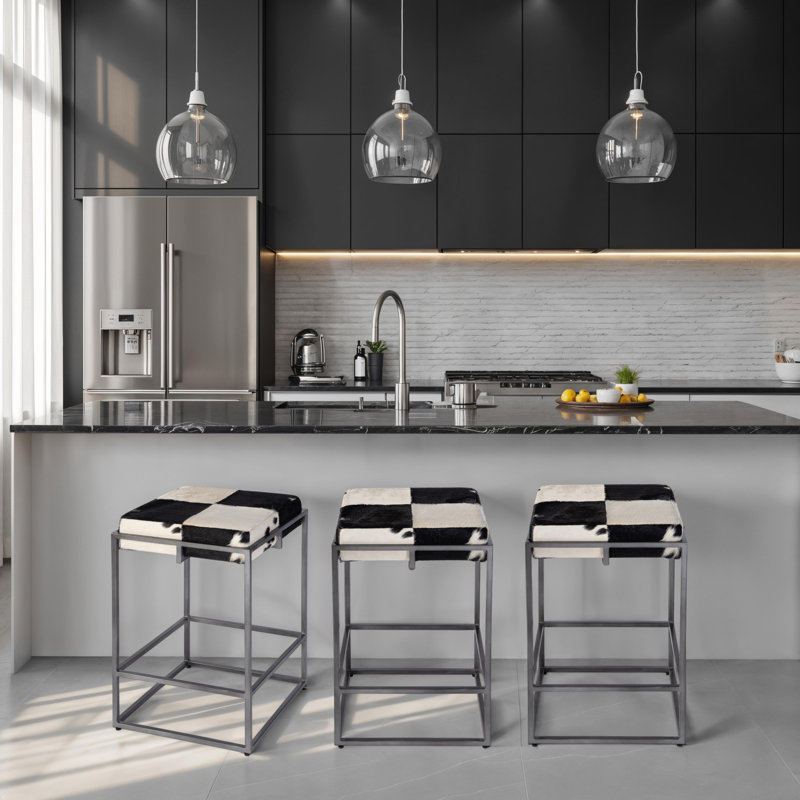 Stinson 26.5 in. Seat Height Hair-On-Hide Leather-Iron Counter Stool, Black/White