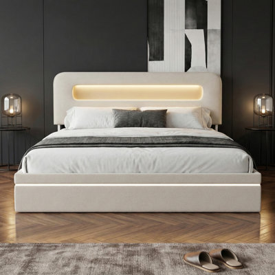 Ottoman Bed With LED Storage Headboard, Beige Velvet Upholstered Frame