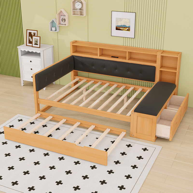 Lit de jour avec couchette, tablettes de rangement, banc et station de charge, Noir naturel