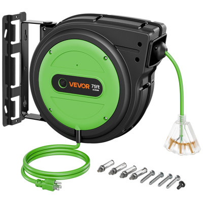 Enrouleur de rallonge rétractable 23 m (75 pi) robuste 14 AWG/3C SJTOW vert, pour montage plafond/mur, disjoncteur 13 A, cordon d'alimentation rétractable automatique, triple prise lumineuse, avec support pivotant à 180°