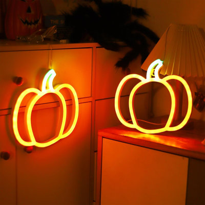 Lot de 2 enseignes lumineuses citrouille néon, décorations d'automne pour l'Halloween et l'Action de grâce, fonctionnant sur piles ou USB, lumières orange et vertes, décoration intérieure mignonne pour la maison, la chambre, le mur, le mur, la chambre à coucher