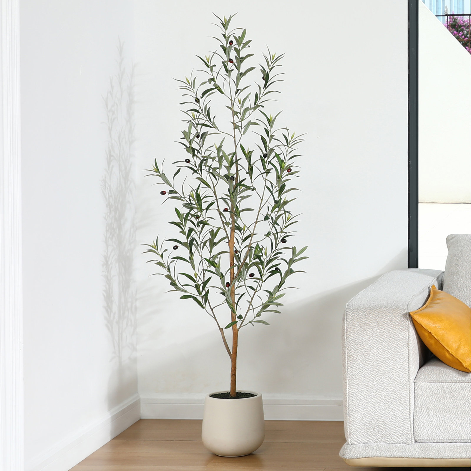 Adcock Artificial Olive Tree with Natural Wood Trunk in White Planter, 60" H x 20" W x 20" D