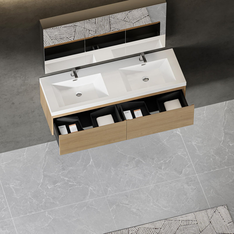 Meuble-lavabo mural avec lavabo à surface solide, 60", Bois de chêne naturel