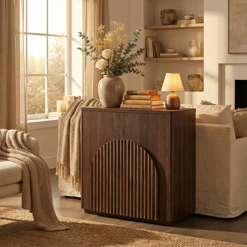  Buffet 32 po courbé avec portes arquées symétriques pour le salon, le bar et la cuisine, Noyer