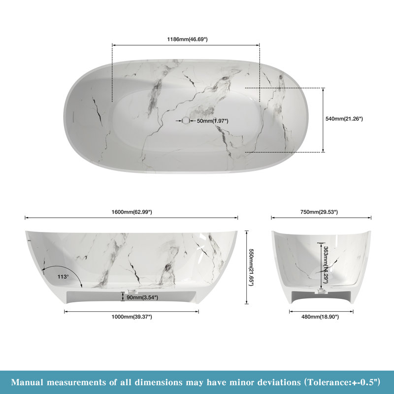 63" x 30" Freestanding Soild Surface Bathtub With Marble Pattern Hydrographics Technology tub