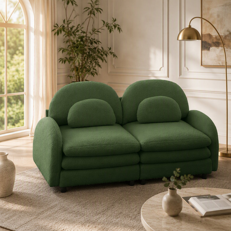 Canapé deux places deux places en tissu Teddy doux comme un nuage, avec dossier incurvé, coussins lombaires, soutien par coussin double couche et conception modulaire pour des espaces de vie polyvalents.