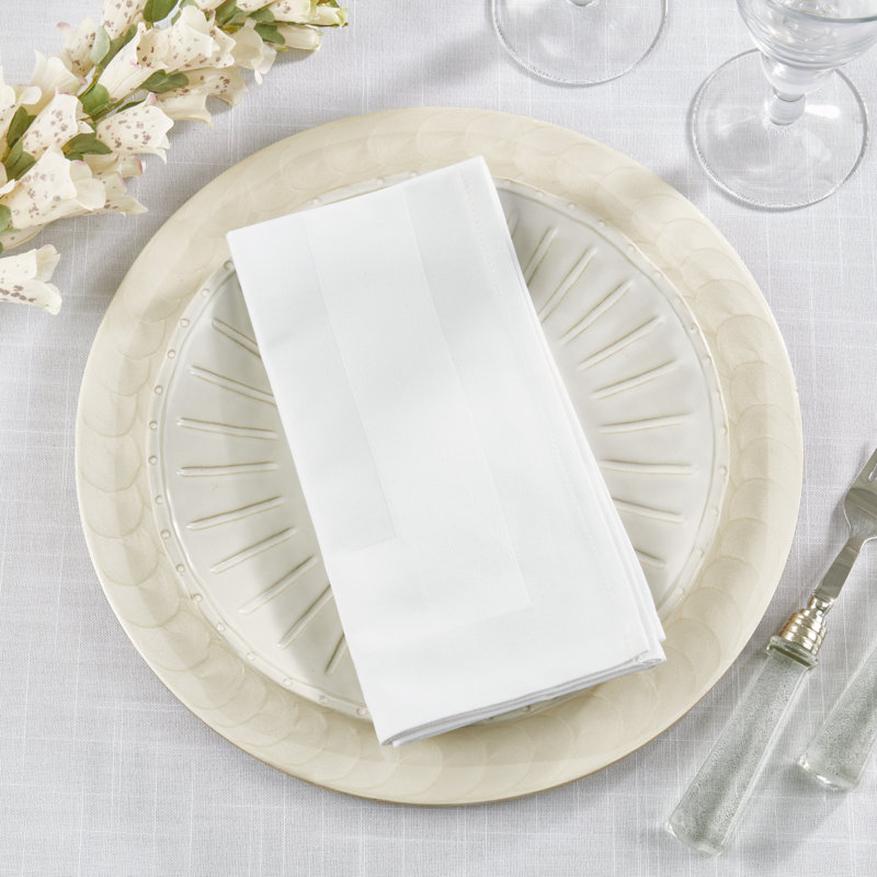 White Satin-Trimmed Damask Cotton Napkins, 20" x 20" Set of 4