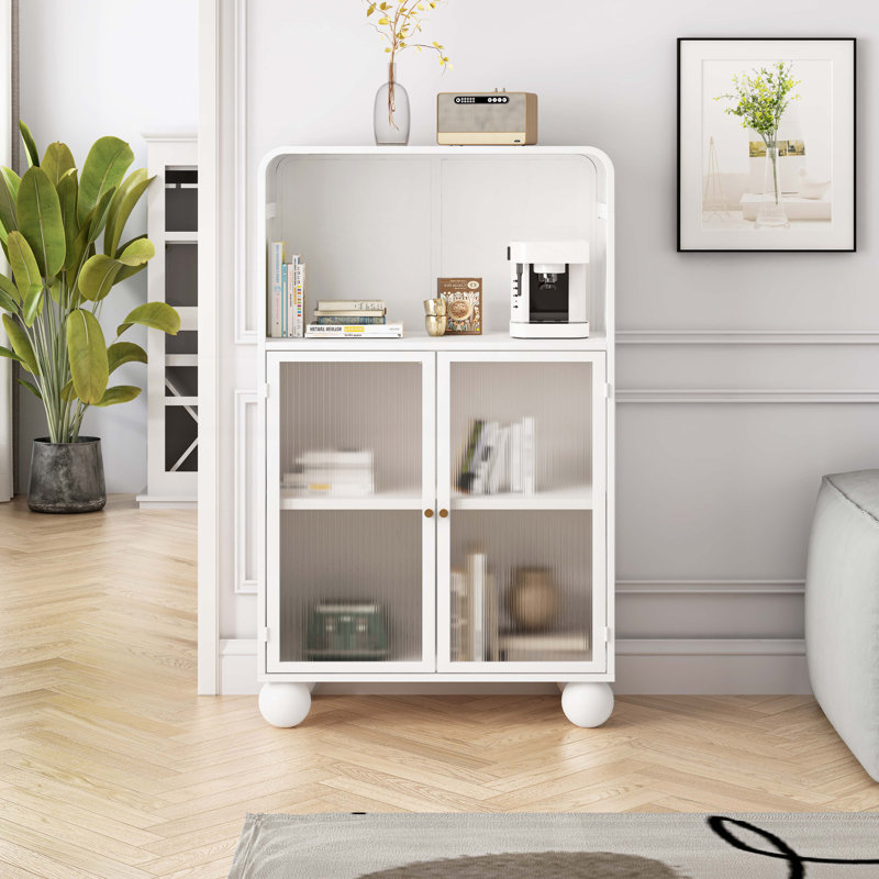 Wood Storage Cabinet with Glass Door and Shelves, White