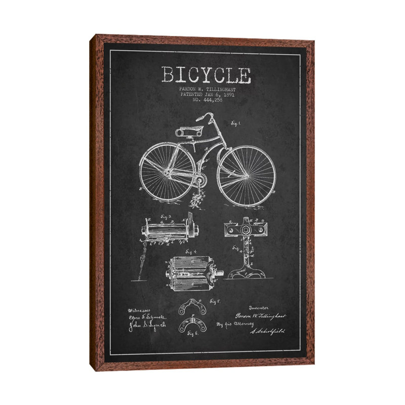 Bike Charcoal Patent by Aged Pixel - Print on Canvas, 66.04 cm H x 45.72 cm W, Brown Framed