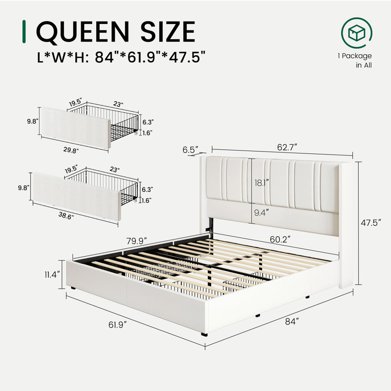 Latitude Run® Linen Upholstered Platform Bed Frame With 4 Storage Drawers And Wingback Headboard, No Box Spring Required, Easy Assembly
