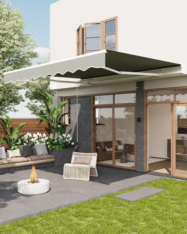 Auvent rétractable manuel 12 pi x 10 pi avec manivelle, polyester enduit de polyuréthane imperméable, cadre en aluminium pour terrasse, patio, porche, balcon