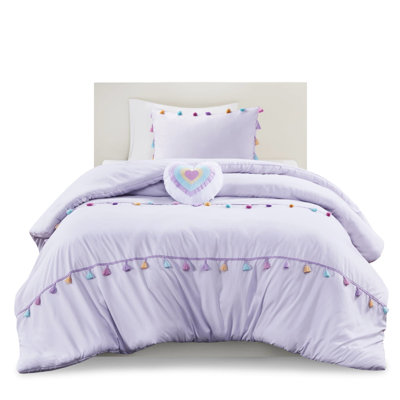 Lavender Comforter Featuring Colorful Tassels And Heart-Shaped Decorative Pillow With Fun Heart Accent
