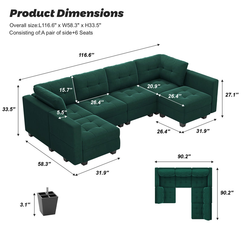 Buckleton 116.6'' Wide Tufted Velvet Sectional Sofa Reversible Modular Couch with Storage Ottoman, Green Velvet