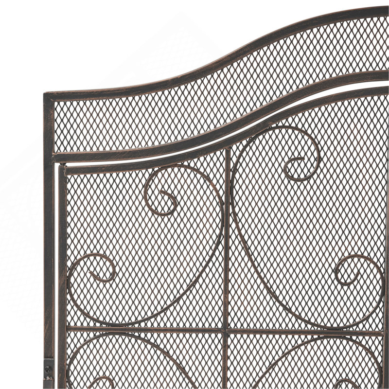 3-Panel Iron Fire Screen with Door, Black Copper Finish, Handcrafted Fireplace Screen