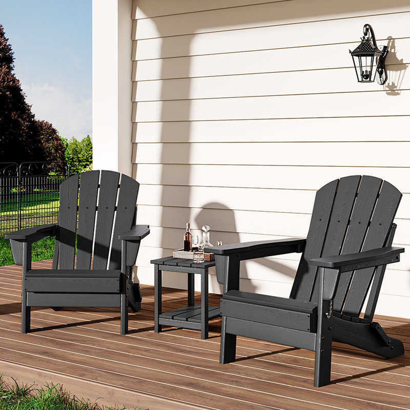 Ensemble de 2 chaises pliantes Adirondack avec table d'appoint, chaises d'extérieur en plastique PEHD avec texture de bois - 380 lb et résistant aux intempéries pour le foyer, la terrasse, la piscine, la cour - noir
