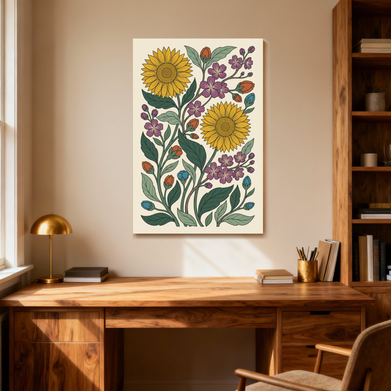 Plantes et fleurs Tournesol fleurs mauves feuilles vertes bourgeons oranges fleurs bleues, H 48 po x l 32 po