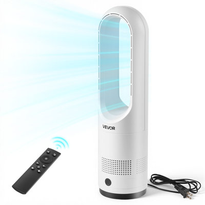 Ventilateur tour sans pales, ventilateur sur pied oscillant à 80 °, minuterie à 8 vitesses et 9 heures, circulateur d'air de sol à grande vitesse de 15,42 pi, flux d'air puissant avec télécommande pour chambre à coucher, salon, maison, bureau, blanc