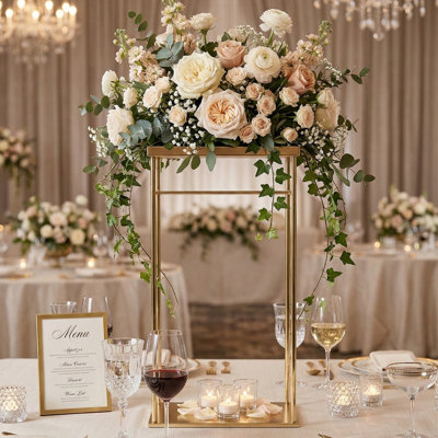 Gold Rectangular Wedding Centerpiece Stand - Tall Heavy-Duty Metal Floral Riser for Long Table Decorations (32" or 40" Height)