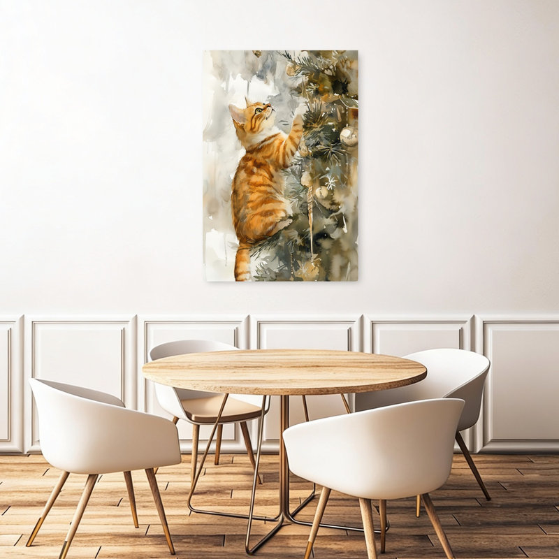 «Curious Christmas Kitten Playful Abstract Contemporary Christmas Tree Pine Tree Winter Landscape Art mural»