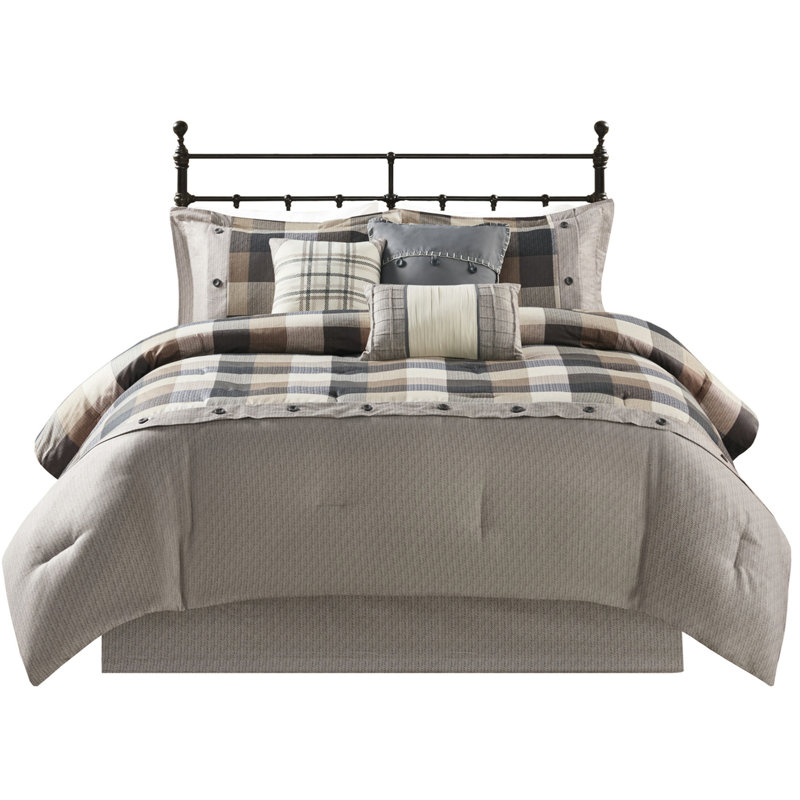 Ridge 7 Piece Comforter Queen - Neutral Herringbone, Buffalo Plaid, , Machine Washable, Decorative Pillows, Bed Skirt Herringbone Fabric, Filling, Includes Comforter, Shams, Pillows &