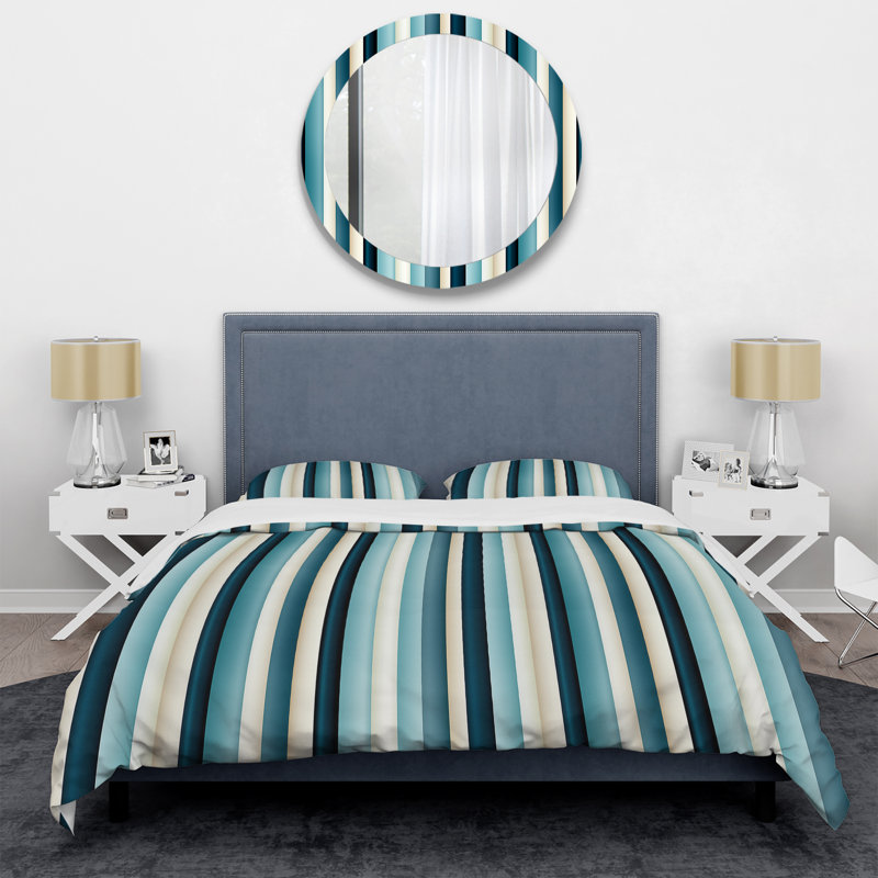 Literie harmonie à rayures bleues et beiges, Housse de couette pour grand lit et 2 taies décor