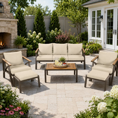 6 Piece Outdoor Conversation Set with Cushions and Acacia Wood Coffee Table