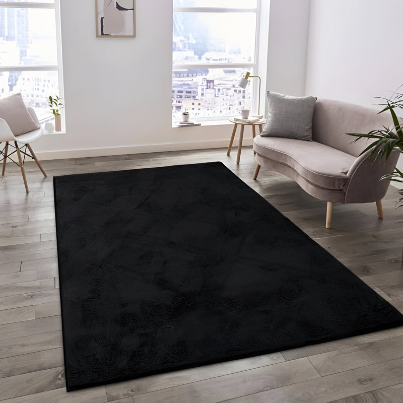 Designer Black Faux Fur Accent Rug - High Quality Deep Texture Floor Throw For Premium Luxury, Rectangle 80 x 150 cm
