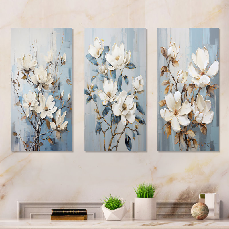 Minimalism White And Blue Magnolias Florescence - Magnolias Metal Wall Art Set Of 3, 28" H x 36" W