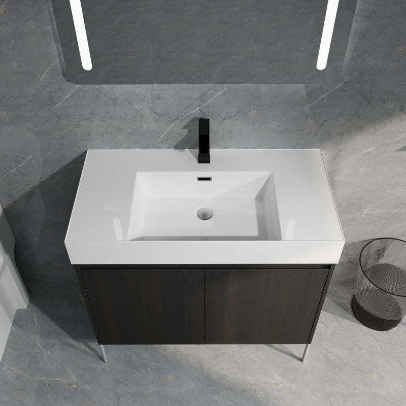Meuble-lavabo autoportant 36 po avec lavabo en résine et armoires à fermeture douce