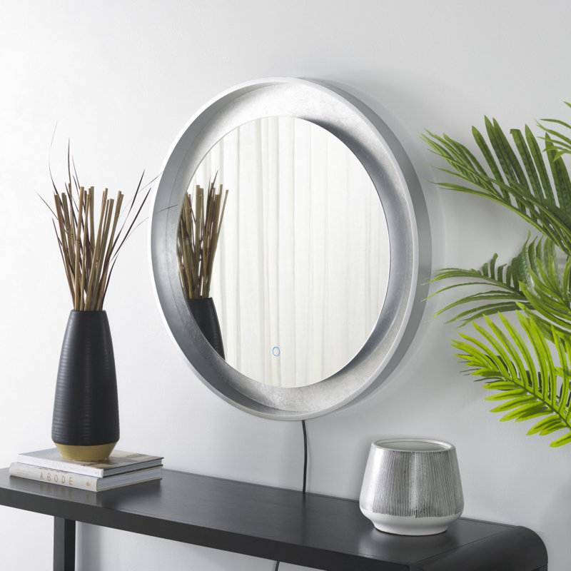 Ashelly Round Metal LED Wall Mirror, Silver/Gray
