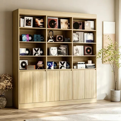 78.7" H Large Media Shelf Unit With 12 Open Shelves & 3 Cabinets