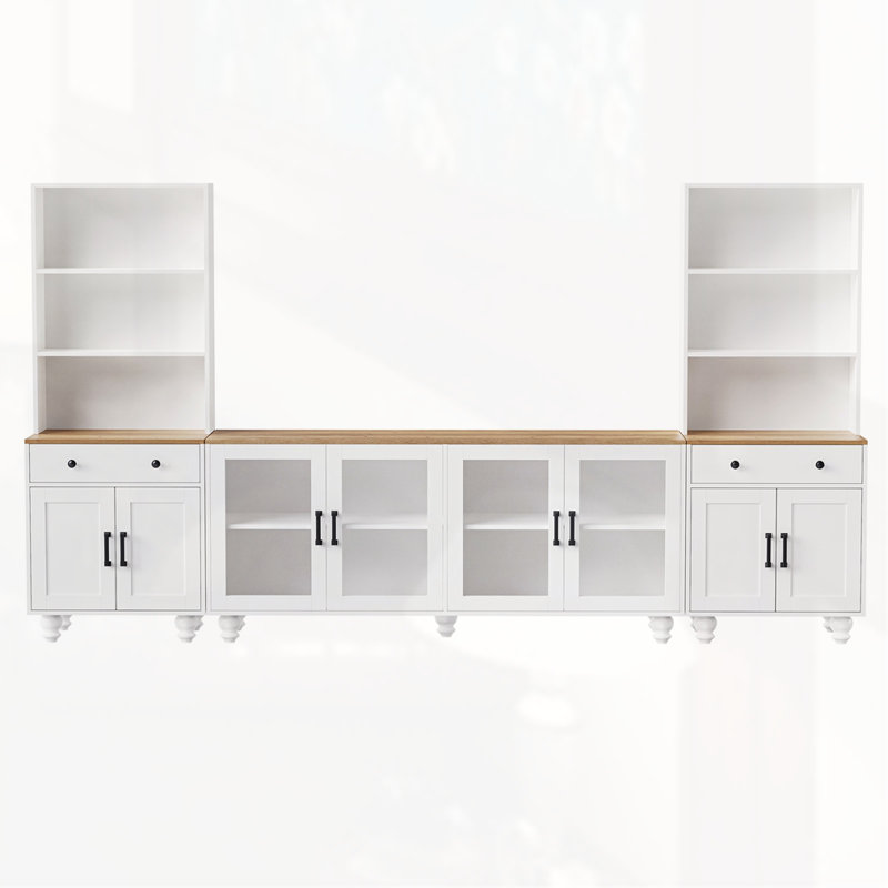 Meuble audio-vidéo avec tablettes et portes en verre trempé, Blanc/naturel