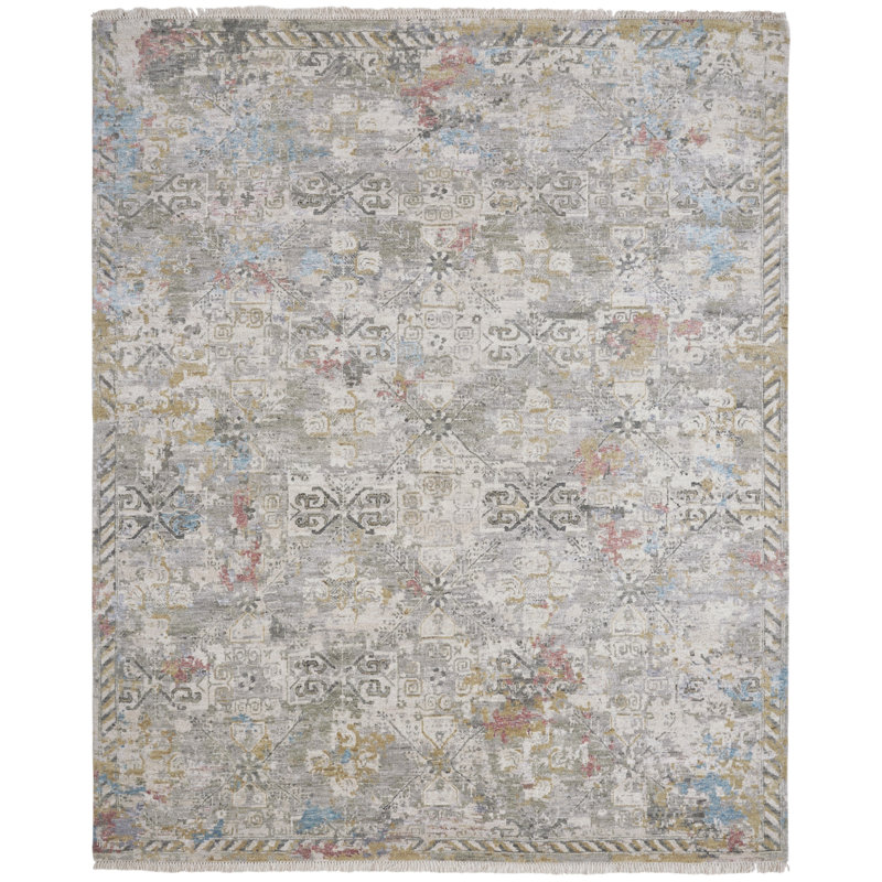 Tapis noué à la main Kyya Garden Smoke, Tapis de couloir 2 pi 6 po x 10 pi