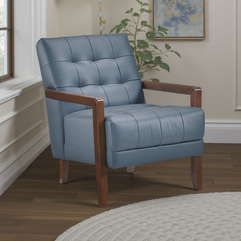 Fauteuil Lenie, cuir capitonné, bois de noyer, Bleu