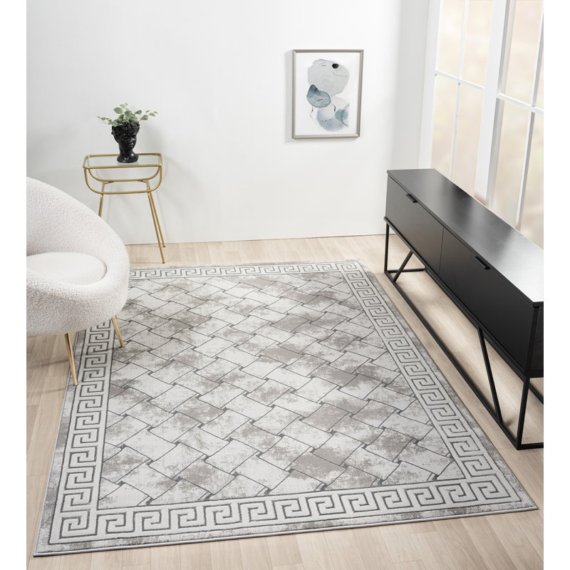 Tapis à bordure abstraite gris Ksamil Collection, Rectangle 7 pi 11 po x 10 pi 10 po