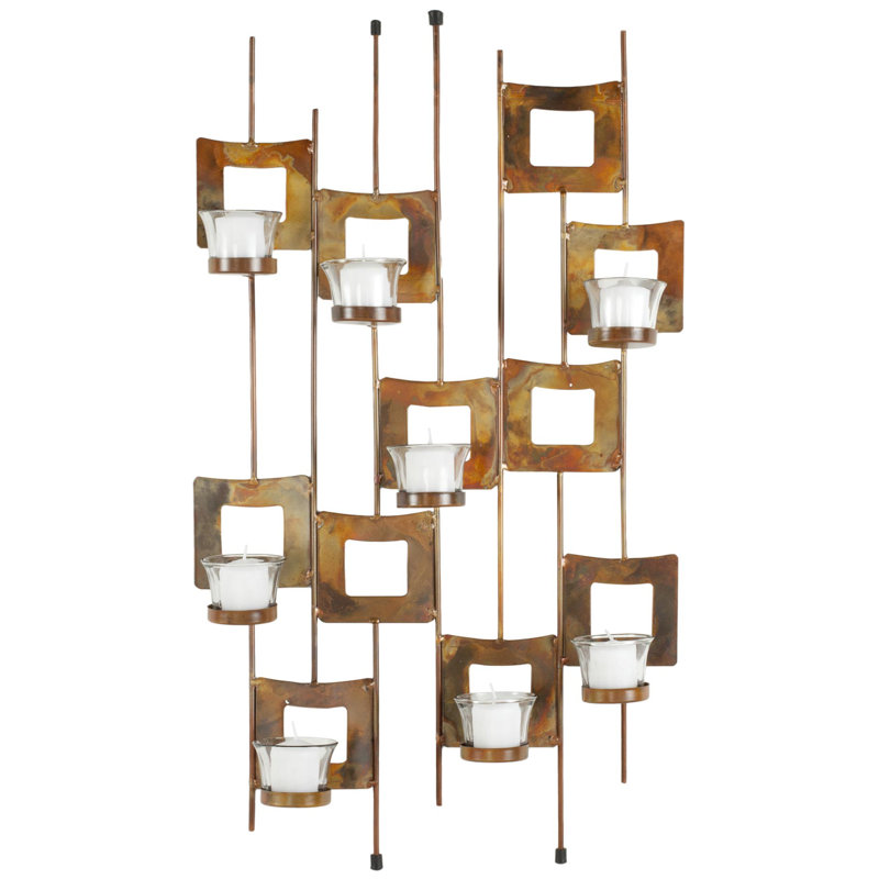 Burnished Copper and Brass Geometric Wall Sconce with Glass Candle Cups