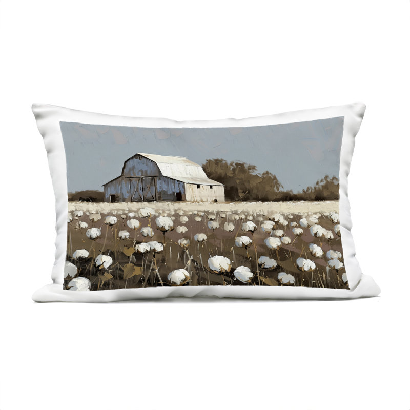 Coussin d'extérieur Barn in Cotton Field, imprimé par Arlington Prints