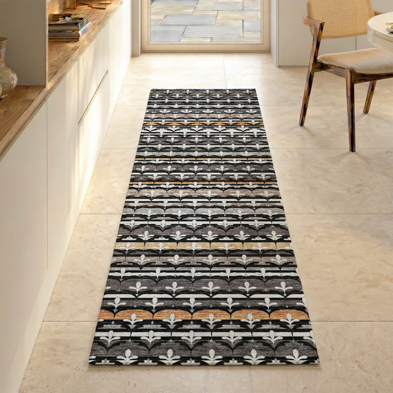 Tapis damassé de qualité supérieure Mayfield AMF2479, Noir, Tapis de couloir 2 pi 3 po x 7 pi 6 po