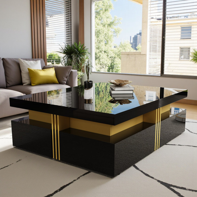 Modern Square Storage Coffee Table with 4 Drawers Contemporary Storage Table Cocktail Table Living Room Table, Black