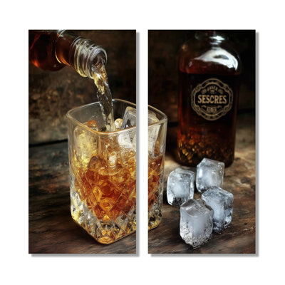 Glass Of Whiskey - Drinkware Canvas Print, Yellow Kitchen Wall Art 2 Piece