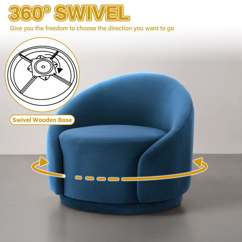 Fauteuil demi-tonneau pivotant rembourré Aunna, Velours bleu